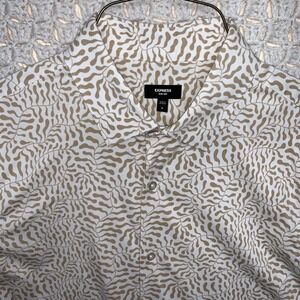 Express Slim 1MX Geometric‎ Shirt Mens Sz M Beige White Performance Button Up